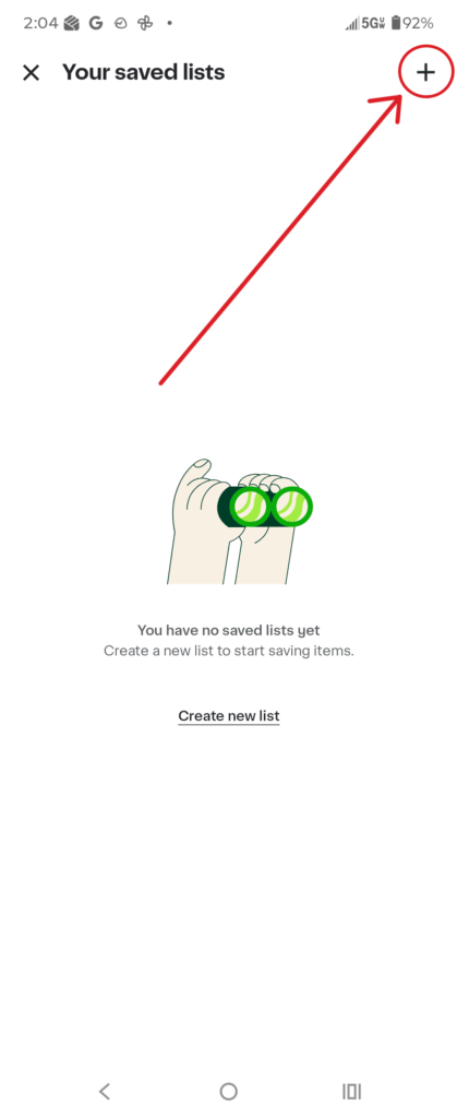 To create a new list, tap the plus icon in the upper right corner.