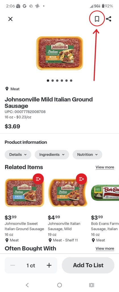 When you've found an item you'd like to save, click the bookmark icon in the upper right.