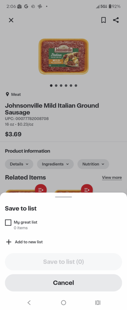 Select the saved list you'd like to save the item to.