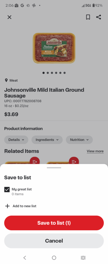 Tap save to list to add the item to that list.