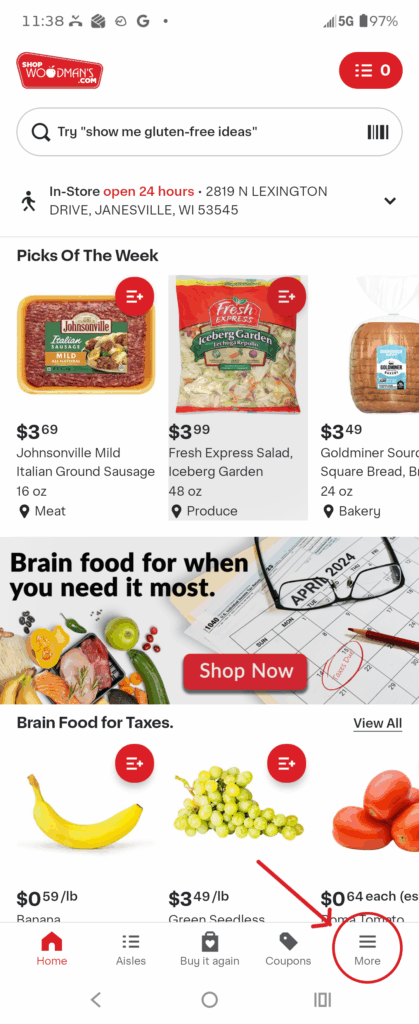 From the home screen, find the more button at the bottom right of the screen. Tap it.
