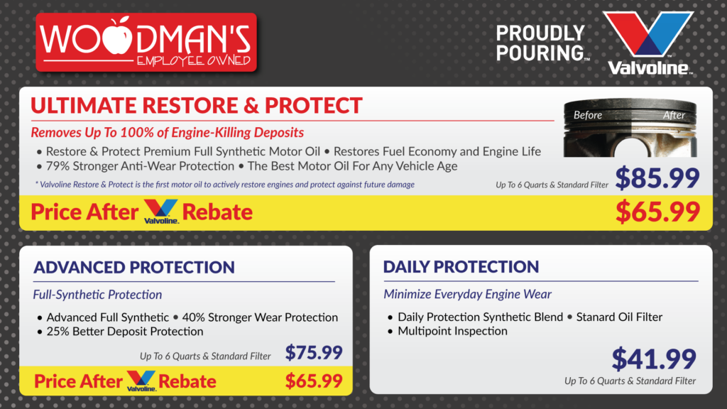 Woodmman's Lube Station Menu Prices.